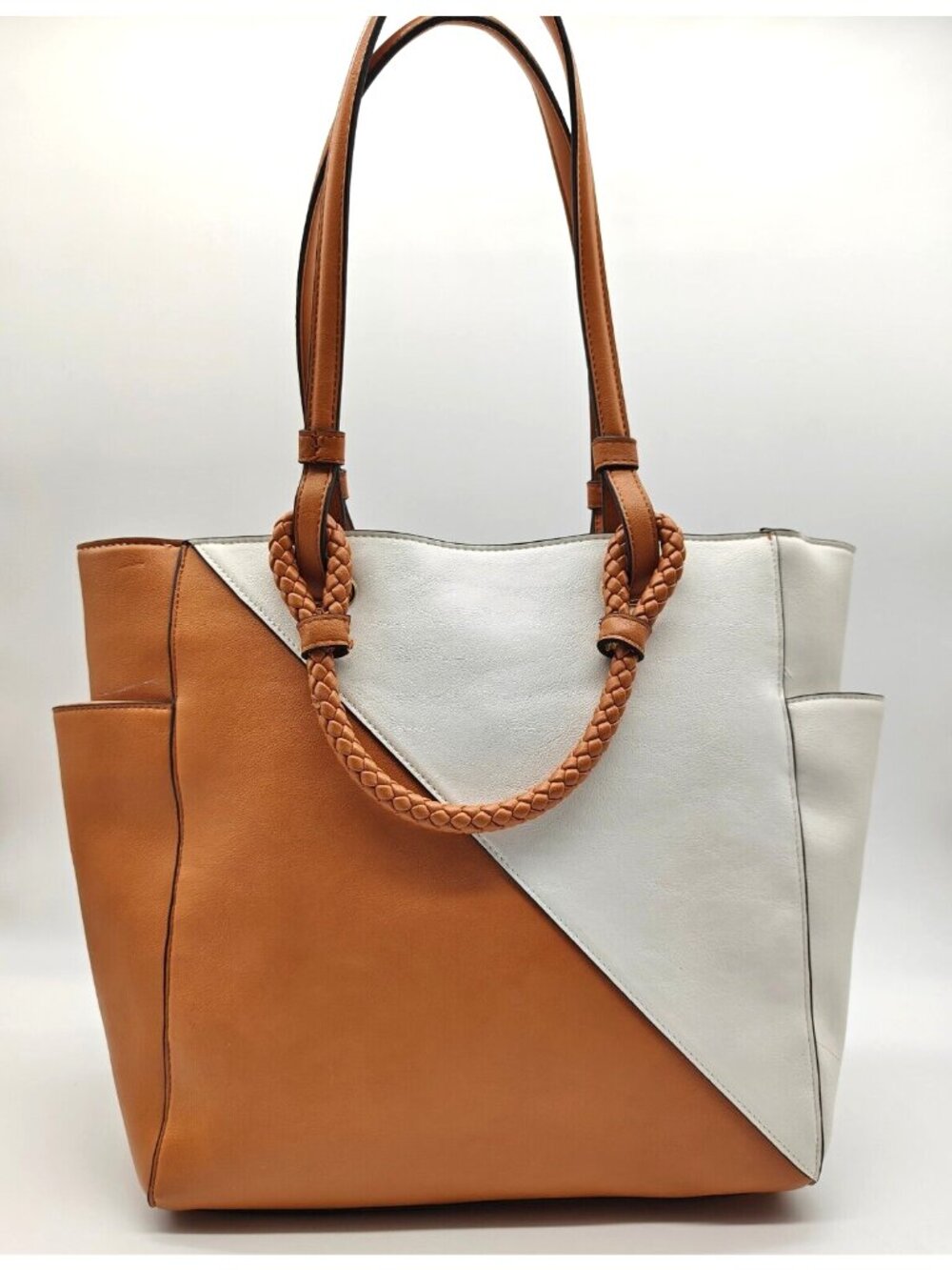 ALFANI Teklah two-tone colorblocked women's tote shoulder bag in Tan/White